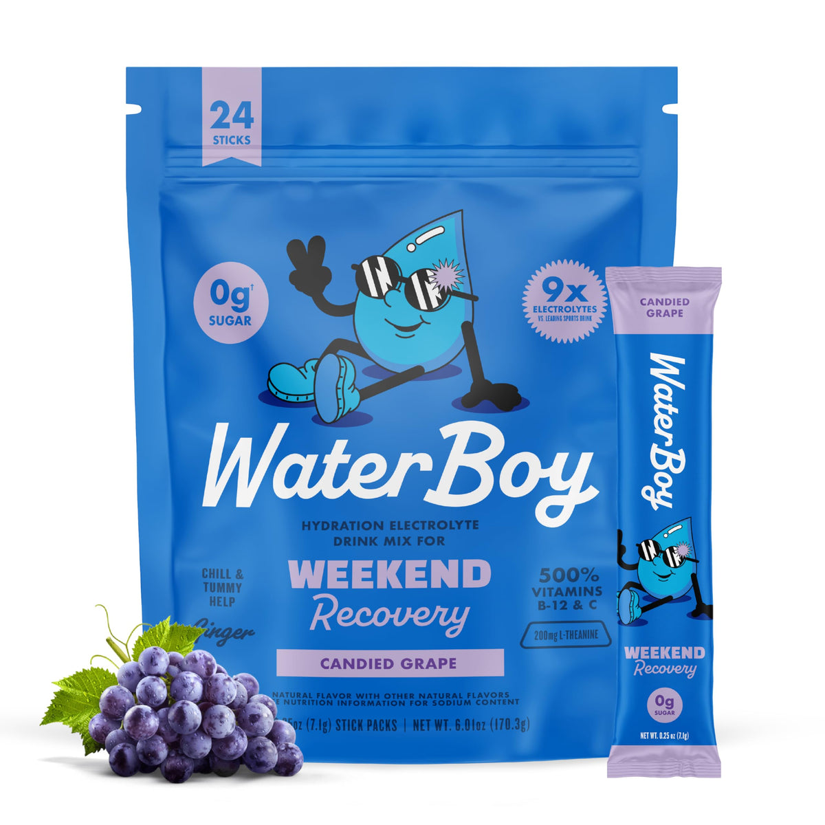 Waterboy paquete delantero uva mostrando diseño y cantidad de 24 sobres, conveniencia