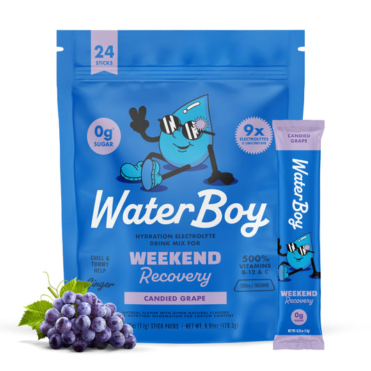 Waterboy paquete delantero uva mostrando diseño y cantidad de 24 sobres, conveniencia