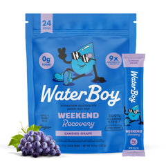 Waterboy paquete delantero uva mostrando diseño y cantidad de 24 sobres, conveniencia