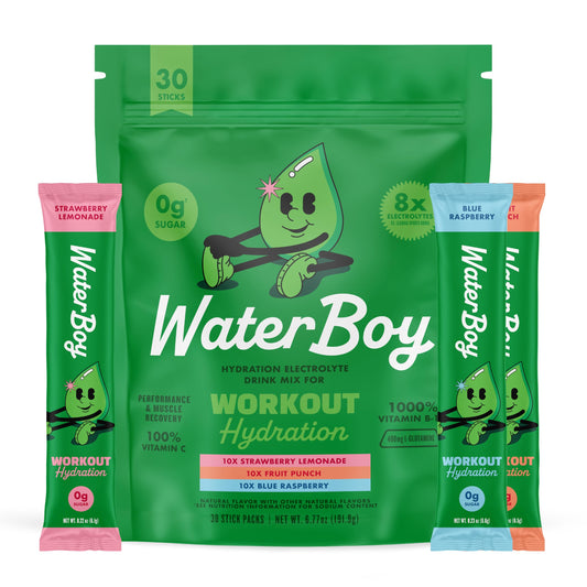 Waterboy frente del empaque 30 sobres mostrando variedad y beneficios