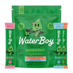 Waterboy frente del empaque 30 sobres mostrando variedad y beneficios