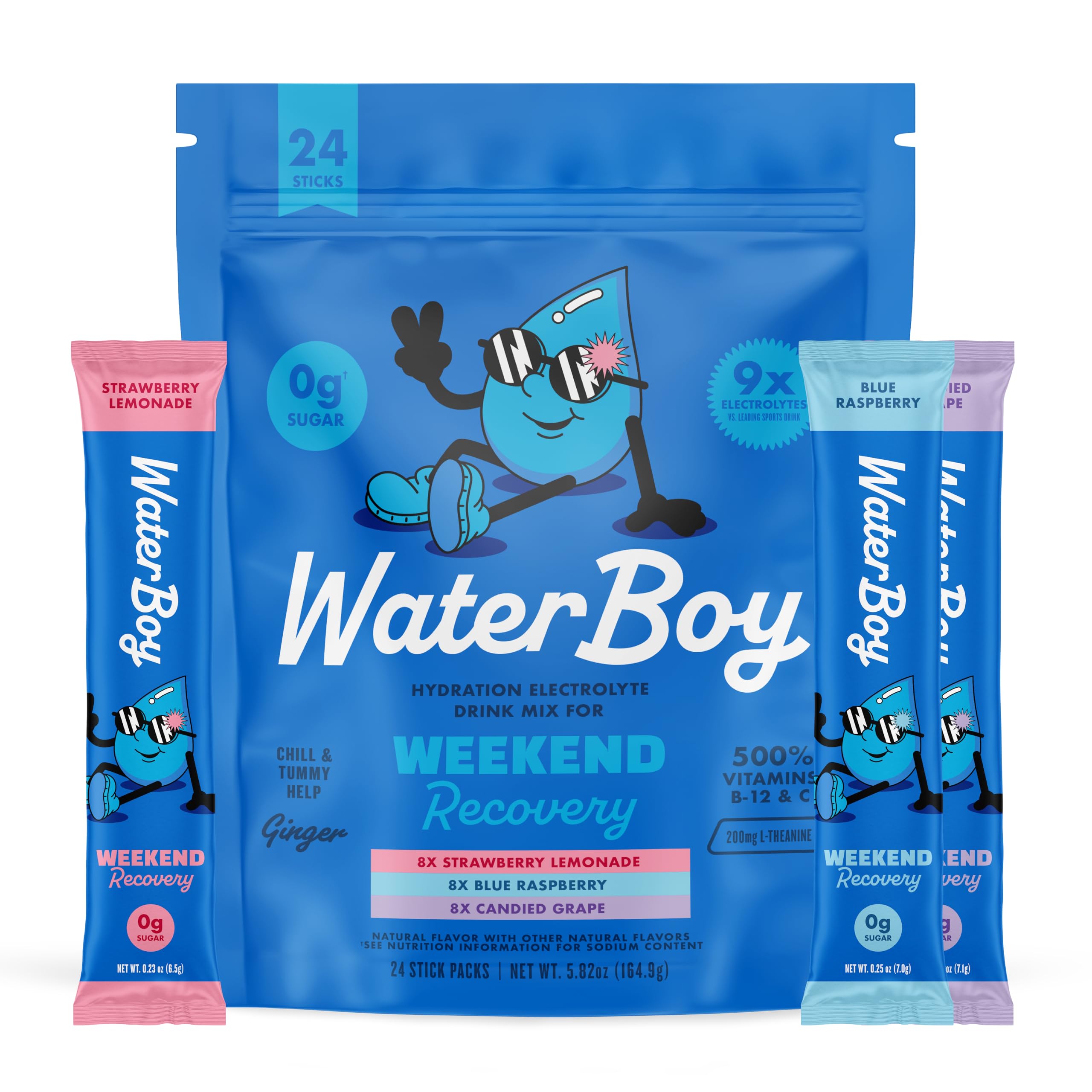 Waterboy frente del empaque mostrando pack de 24 sobres y beneficio de conveniencia