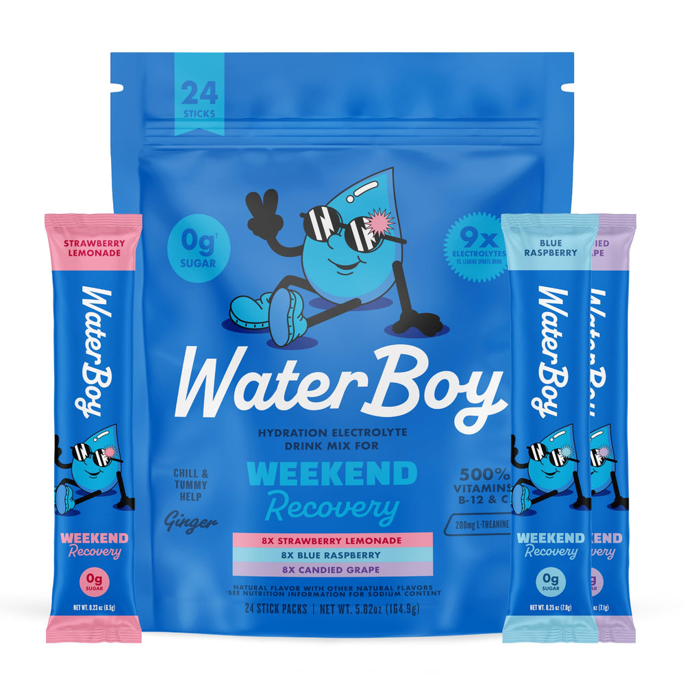Waterboy frente del empaque mostrando pack de 24 sobres y beneficio de conveniencia