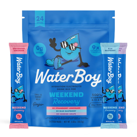Waterboy frente del empaque mostrando pack de 24 sobres y beneficio de conveniencia