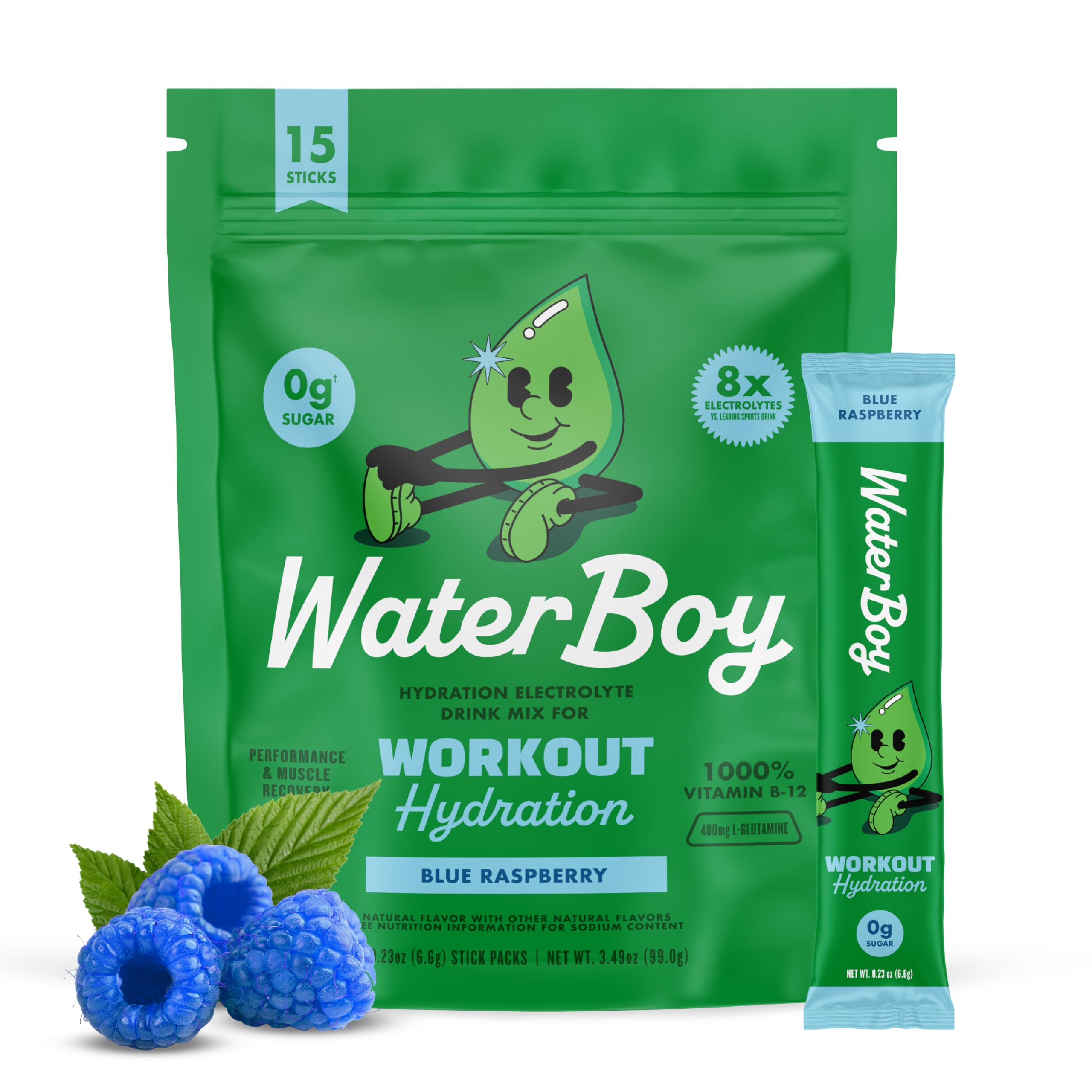 Waterboy empaque frontal mostrando 15 sobres y beneficios claros