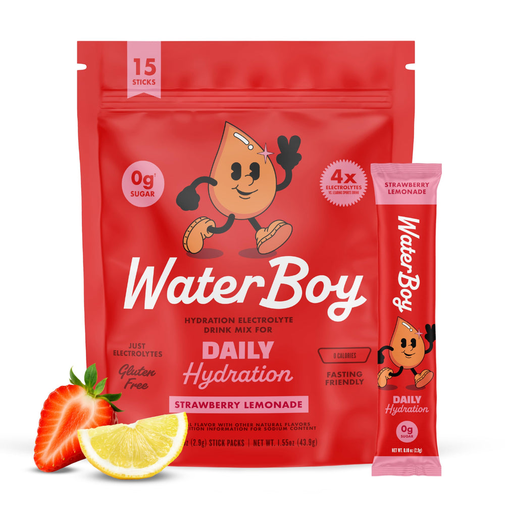 WaterBoy paquete frontal fresa limonada mostrando diseño y 15 sobres, hidratación rápida