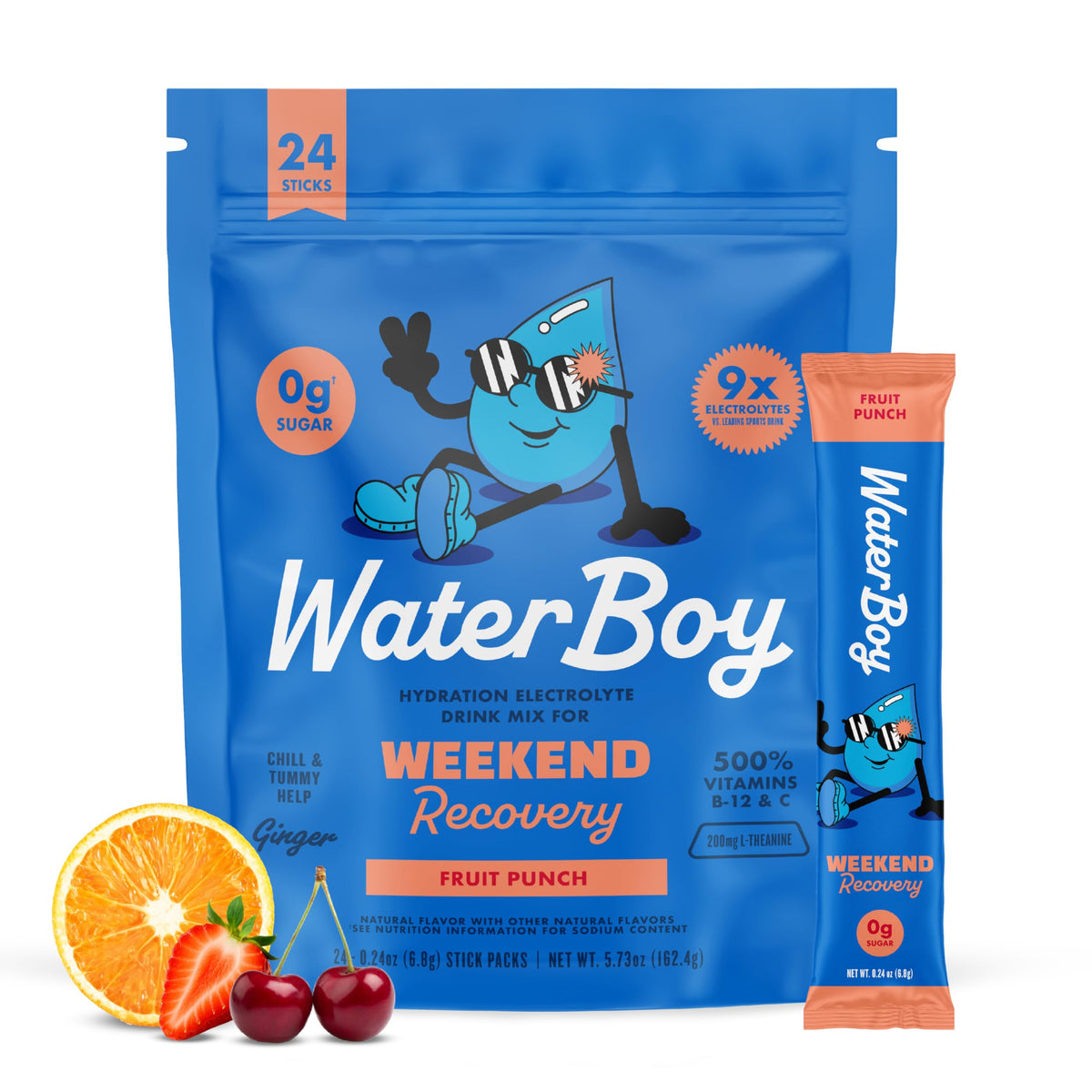 Waterboy frontal del empaque fruit punch mostrando diseño y cantidad