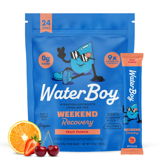 Waterboy frontal del empaque fruit punch mostrando diseño y cantidad