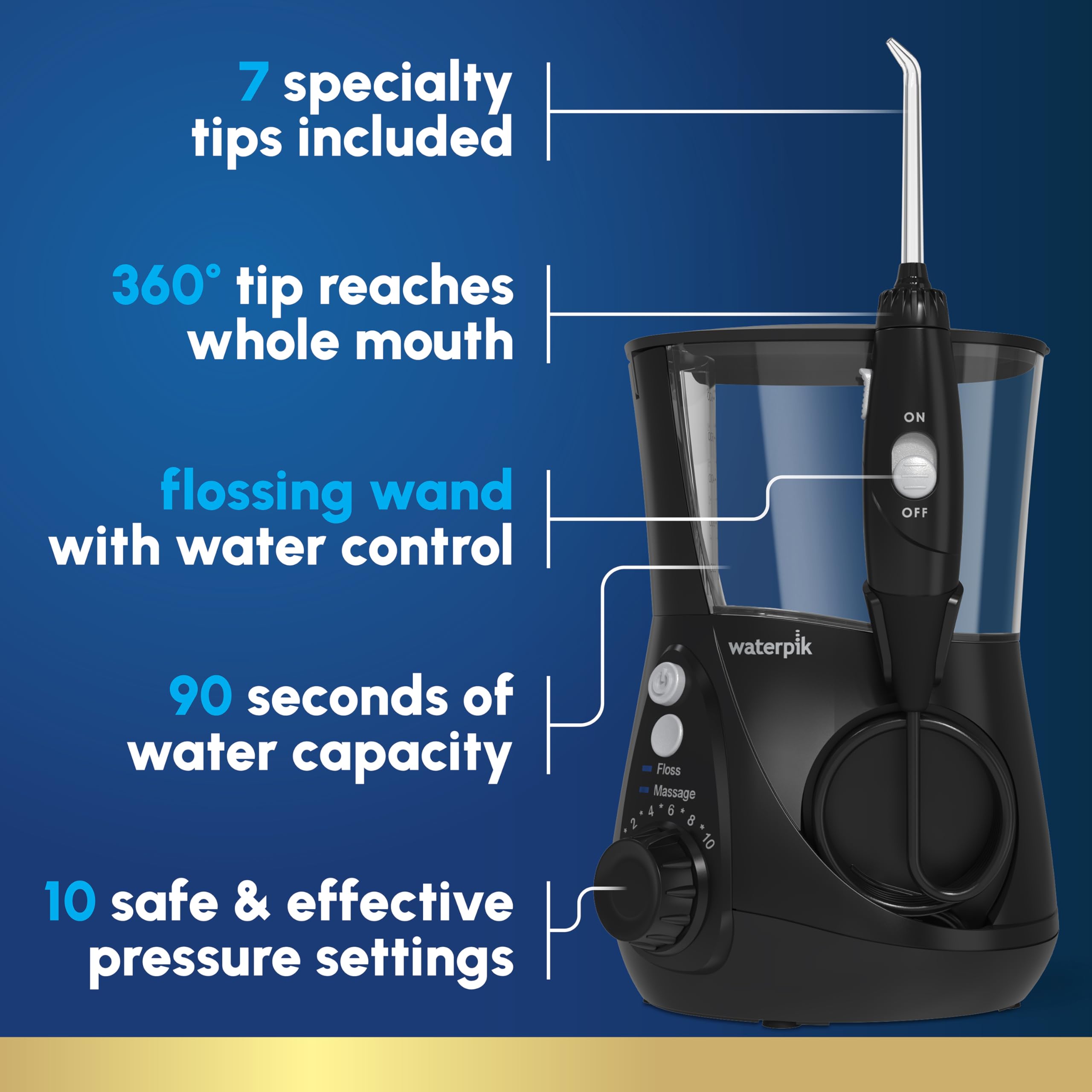 Waterpik Aquarius con 7 boquillas codificadas indicando uso familiar