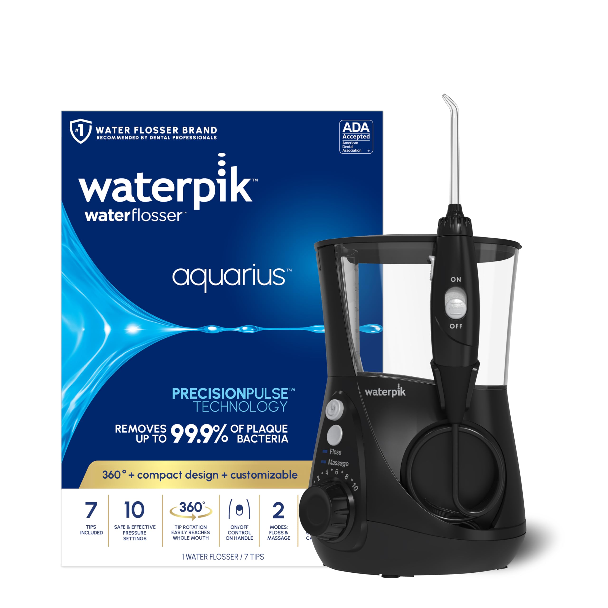 Waterpik Aquarius frontal negro mostrando diseño compacto y fácil limpieza
