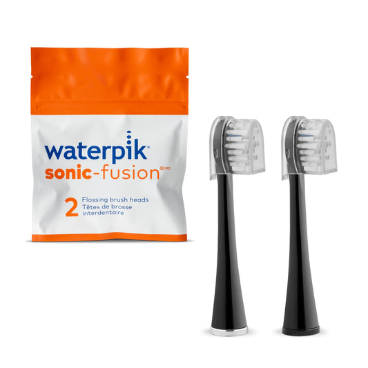 Waterpik vista frontal del embalaje con dos cabezales, garantiza recambio original