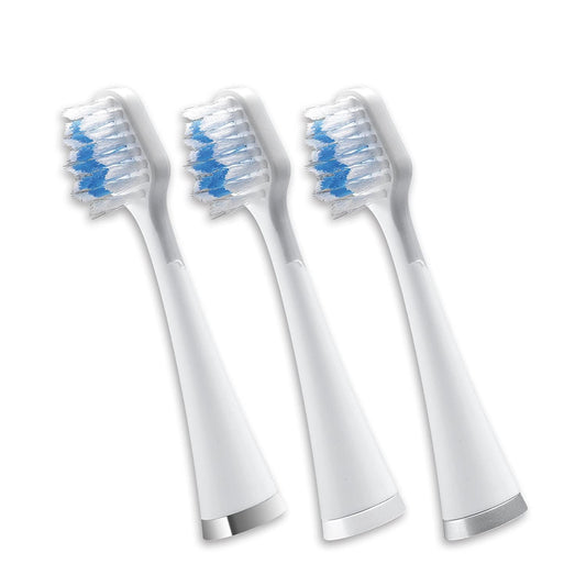 Waterpik vista frontal del paquete con tres cabezales, fácil identificación