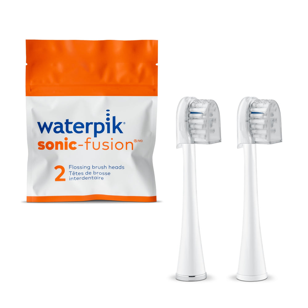 Waterpik cabezales frontales en empaque mostrando reemplazo genuino y compatibilidad