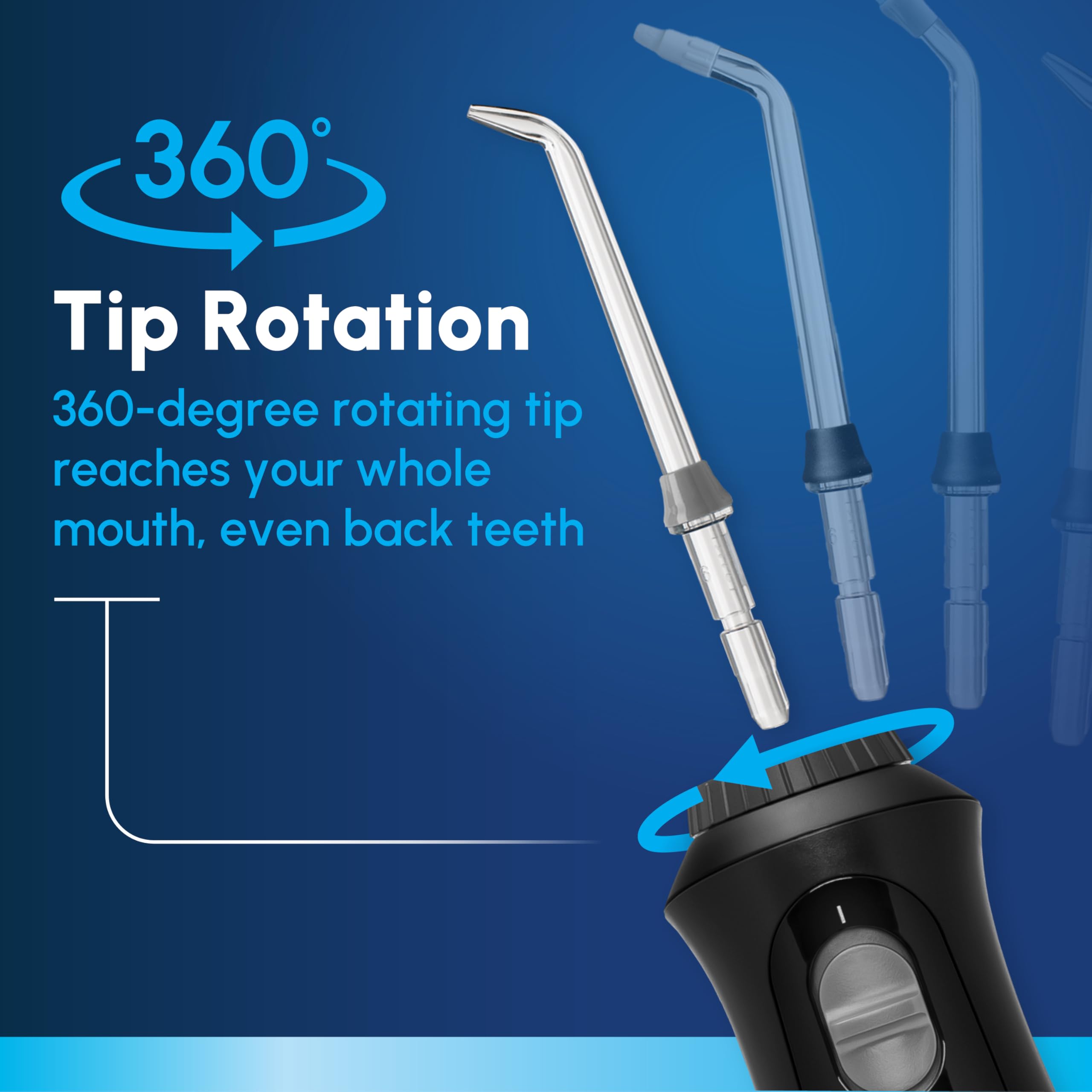 Waterpik comparación de tamaño en mano para valorar portabilidad