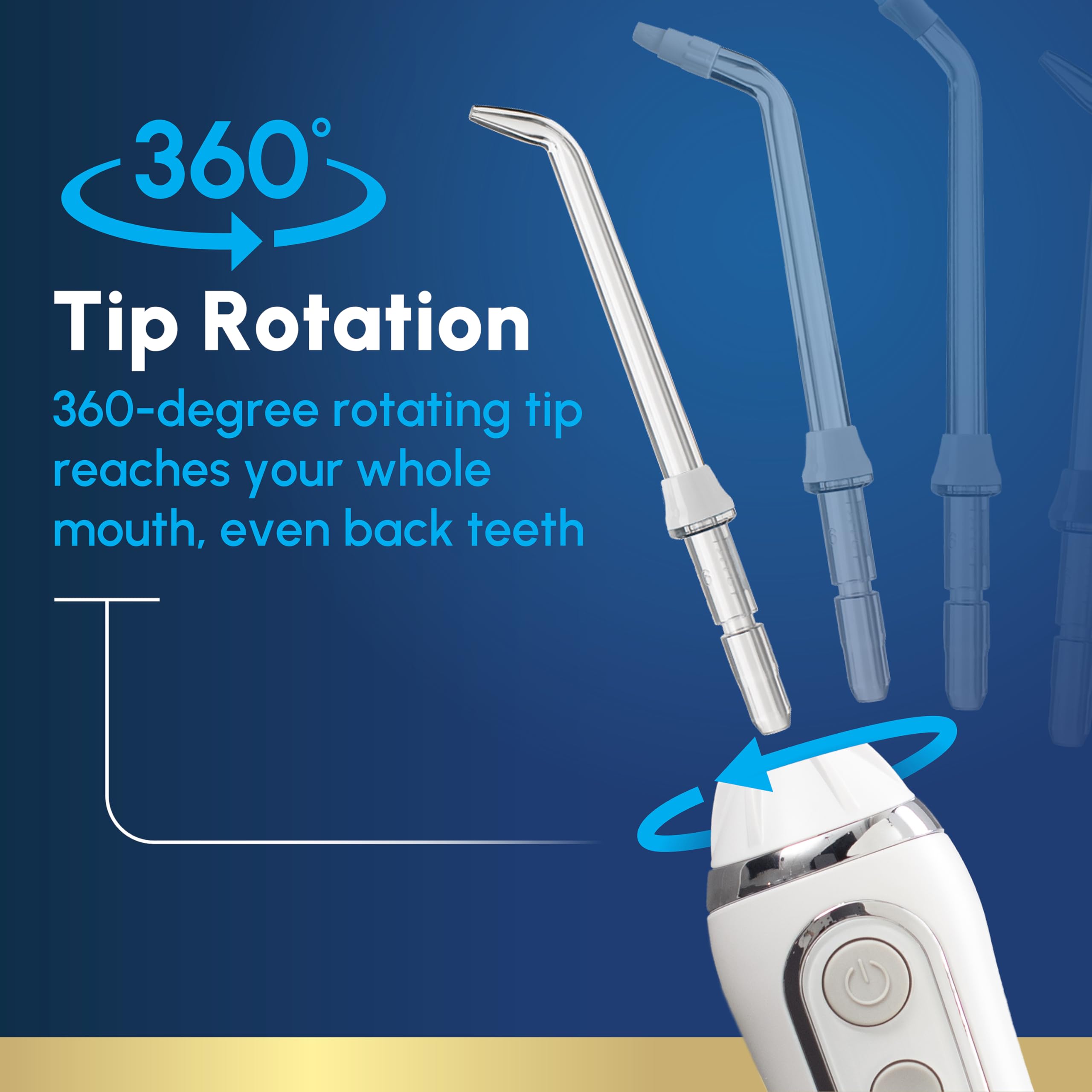 Waterpik comparación de tamaño en mano indicando portabilidad y ergonomía