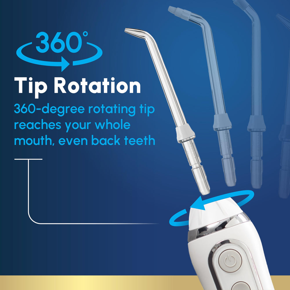 Waterpik comparación de tamaño en mano indicando portabilidad y ergonomía