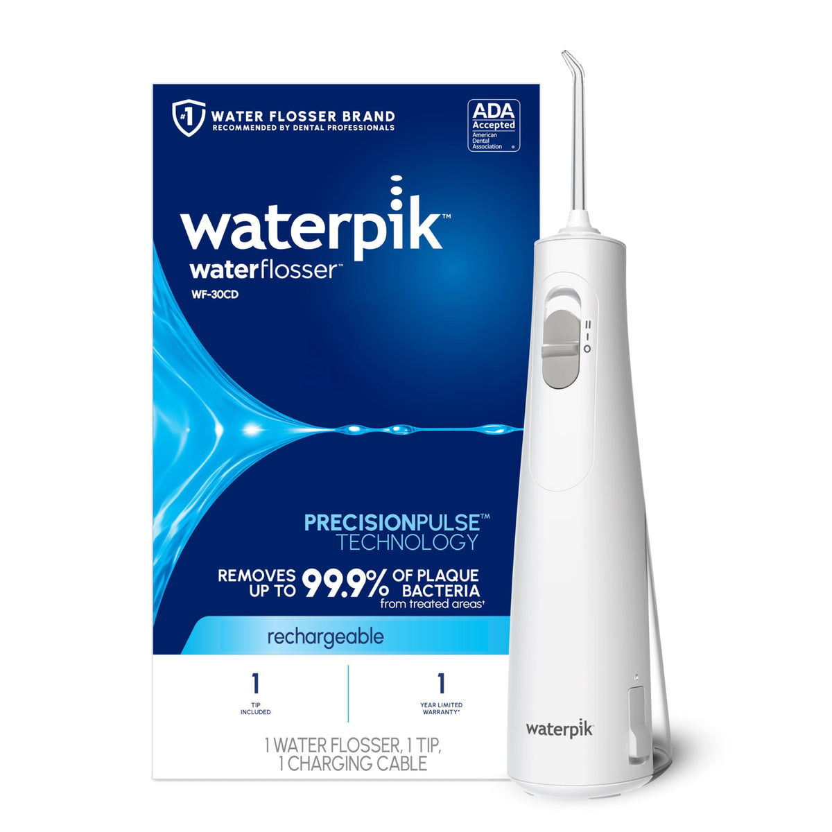 Waterpik Cordless 1100 vista frontal mostrando el cuerpo y beneficios de portabilidad