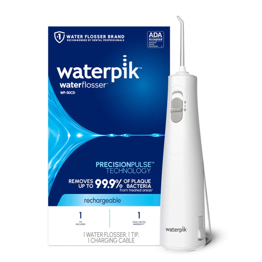 Waterpik Cordless 1100 vista frontal mostrando el cuerpo y beneficios de portabilidad