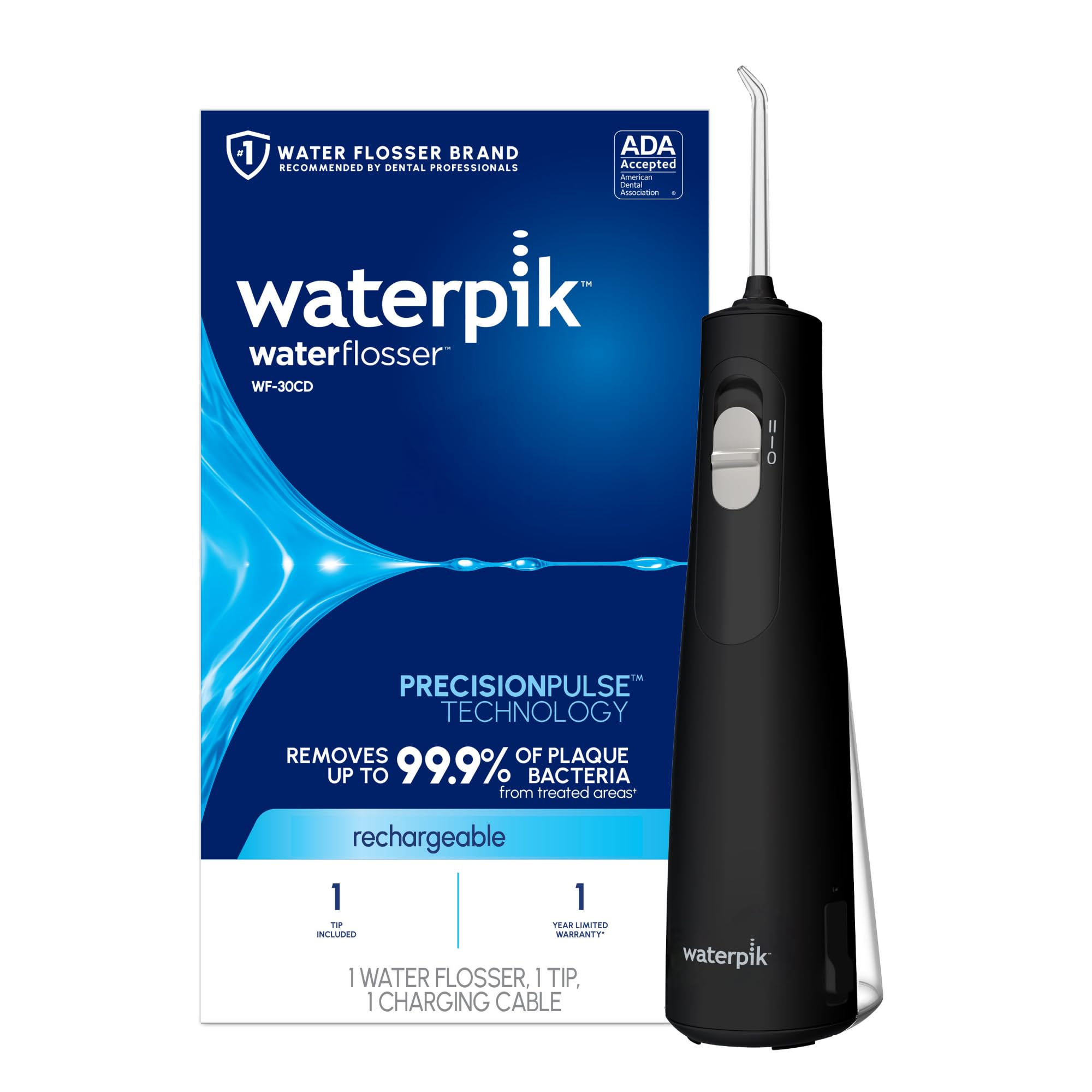 Waterpik frontal mostrando diseño portátil y beneficio de transporte fácil