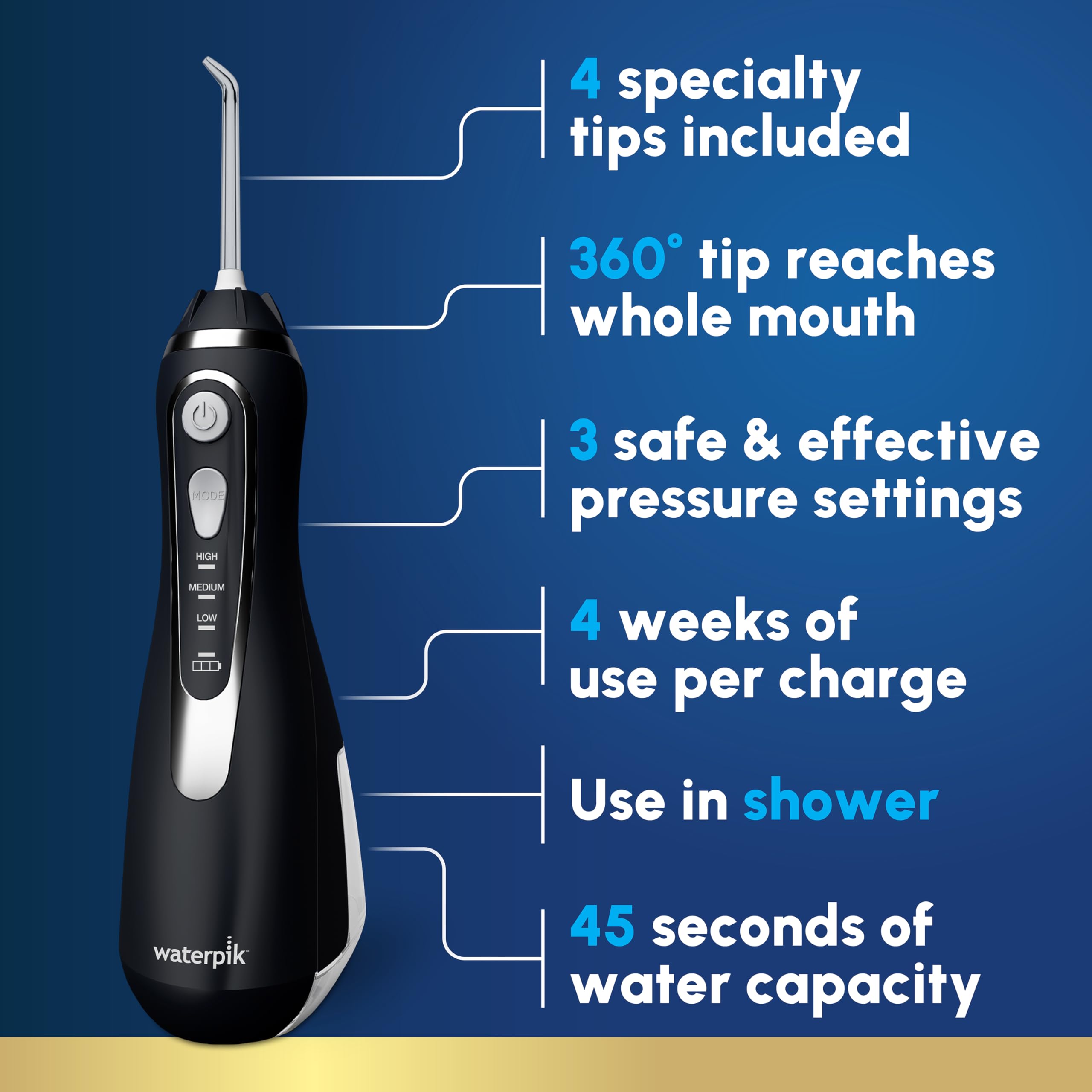 Waterpik con detalle de la punta rotatoria 360° que facilita el acceso a molares
