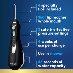 Waterpik con detalle de la punta rotatoria 360° que facilita el acceso a molares