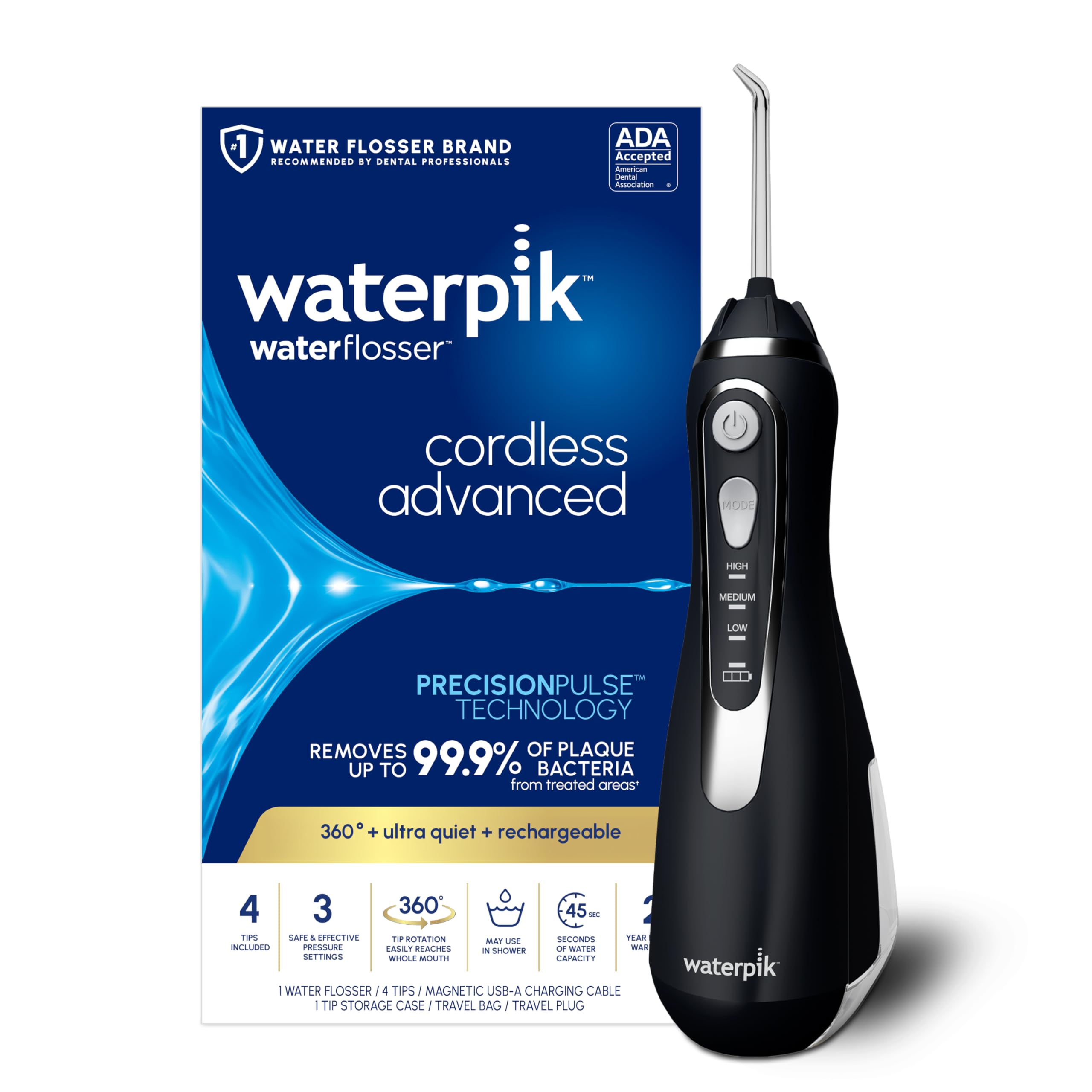 Waterpik Cordless Advanced frontal negro mostrando diseño compacto y portátil