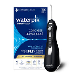 Waterpik Cordless Advanced frontal negro mostrando diseño compacto y portátil