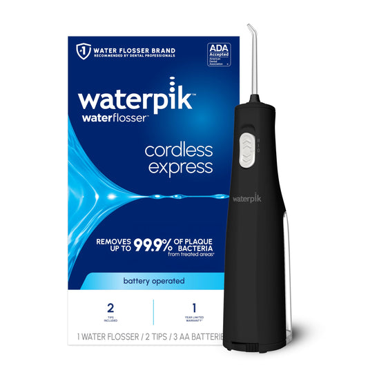 Waterpik Cordless Express frente y empaque mostrando portabilidad y diseño