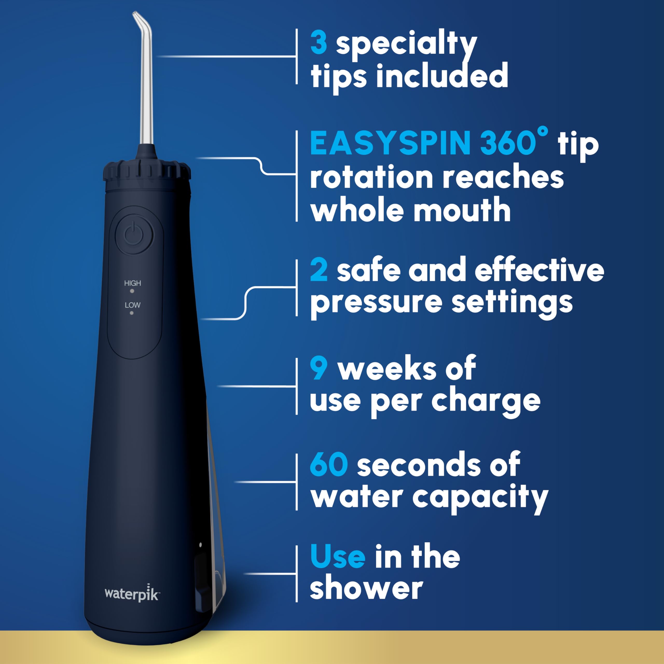 Waterpik Cordless Gem detalle de la punta EASYSPIN 360 grados y alcance