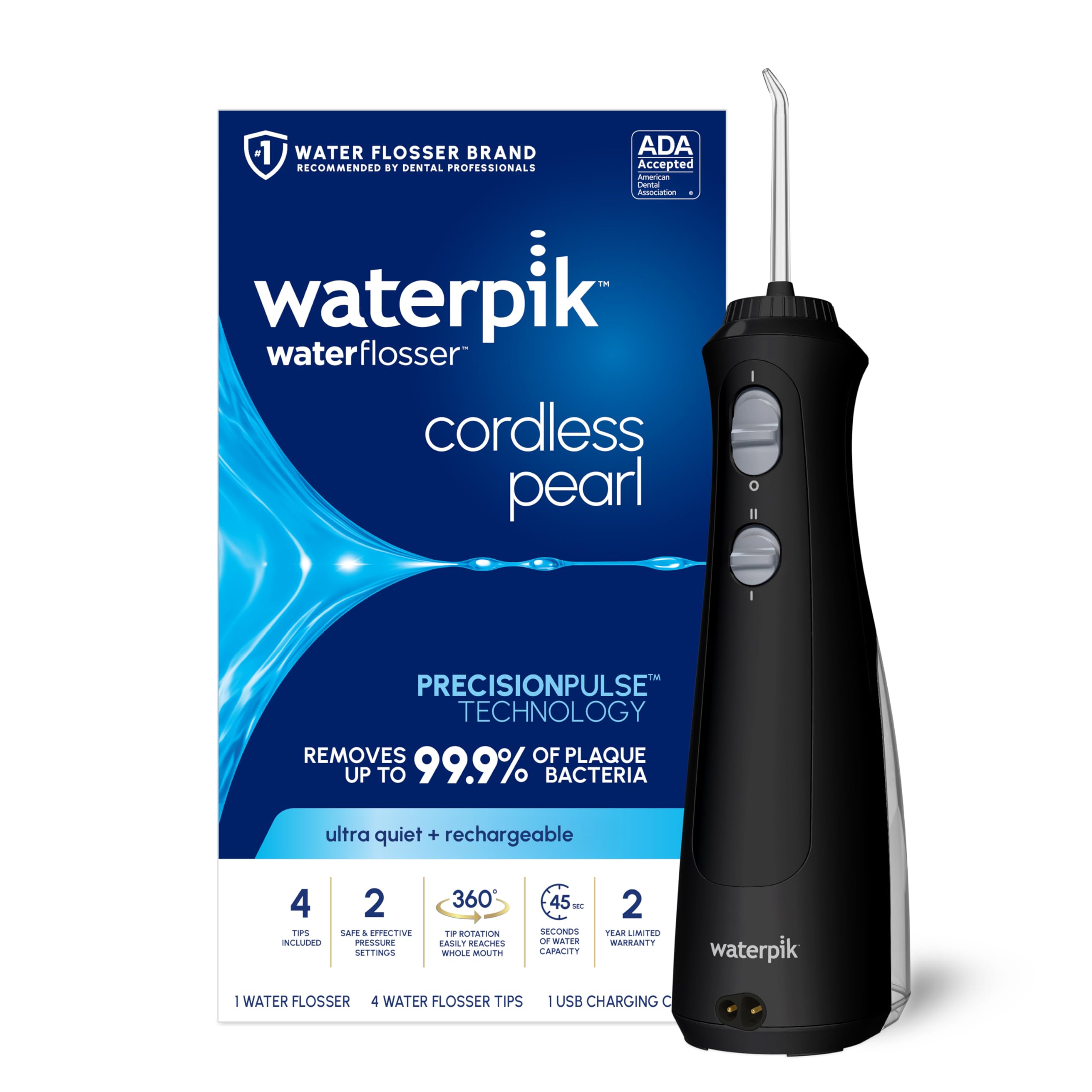 Waterpik Cordless Pearl vista frontal mostrando diseño portátil y accesible