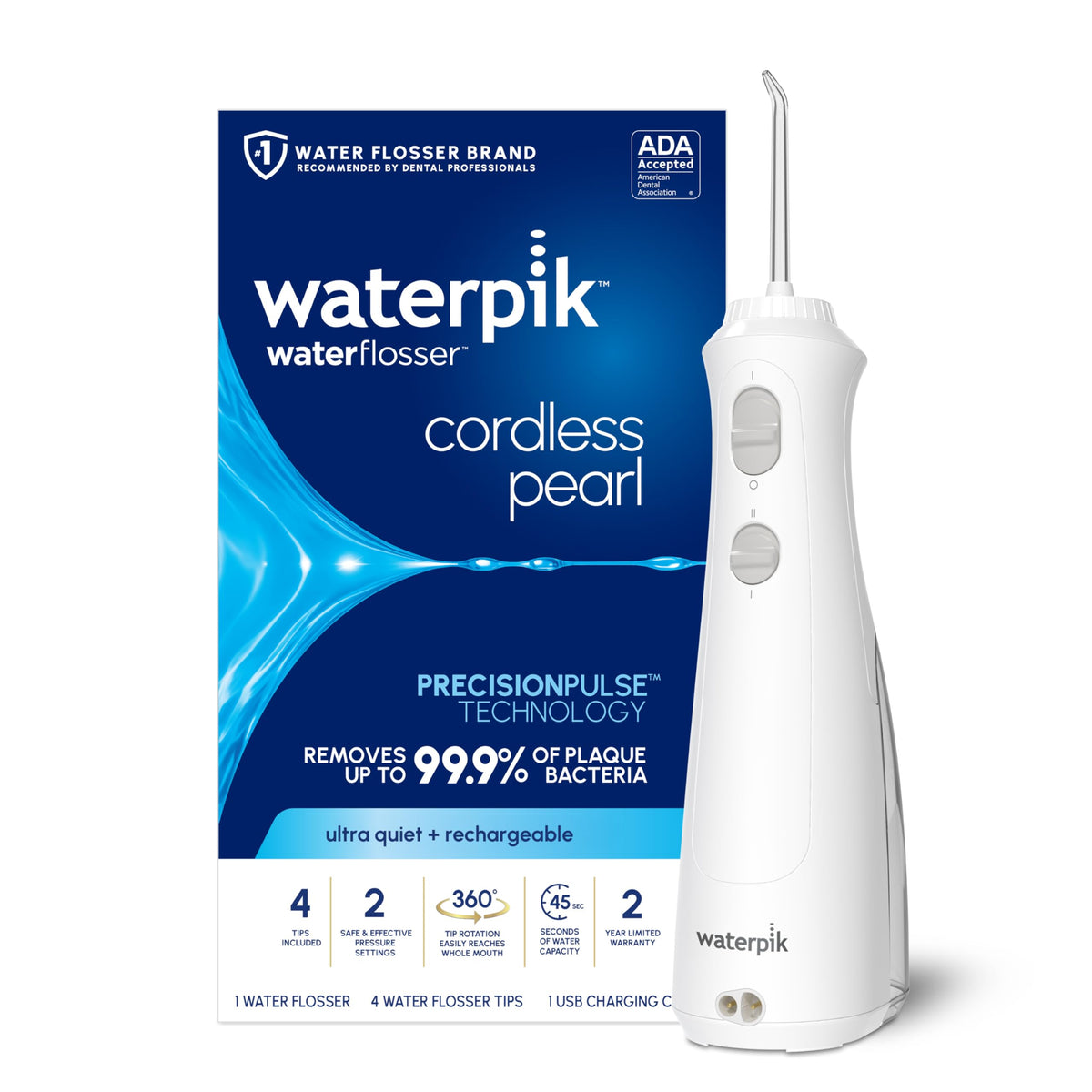 Waterpik Cordless Pearl vista frontal mostrando el diseño compacto y beneficios de portabilidad