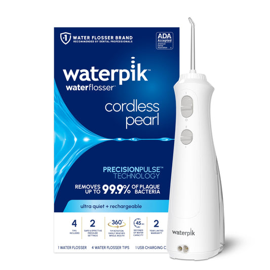 Waterpik Cordless Pearl vista frontal mostrando el diseño compacto y beneficios de portabilidad
