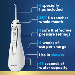 Waterpik detalle de boquilla rotatoria 360° que facilita acceso a molares posteriores