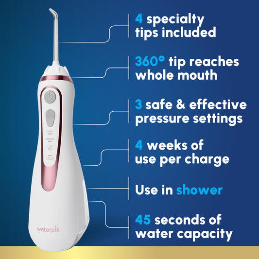 Waterpik detalle de la boquilla giratoria 360 grados, mejora acceso a molares posteriores