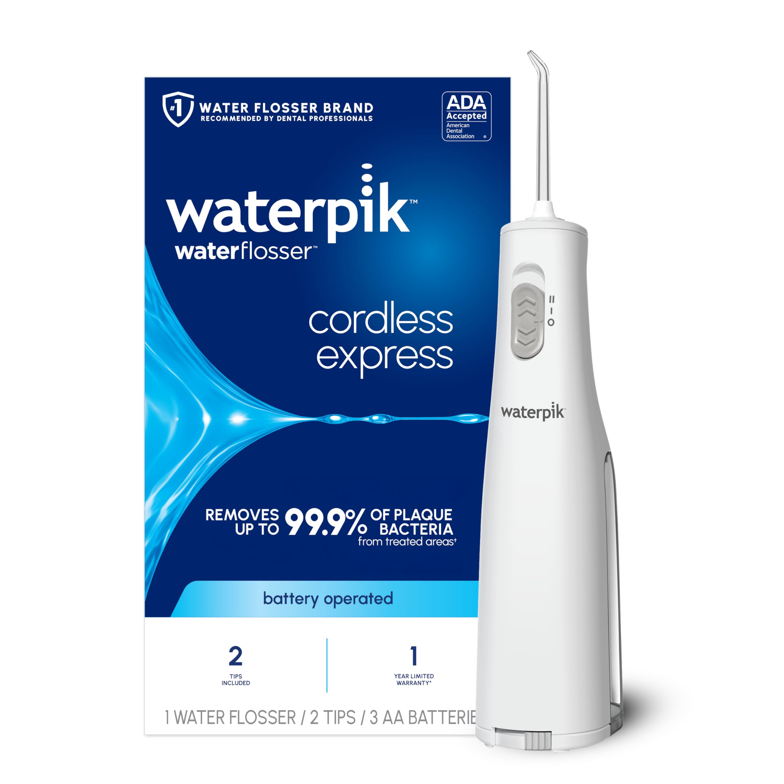 Waterpik frente del producto mostrando diseño compacto y beneficio de portabilidad