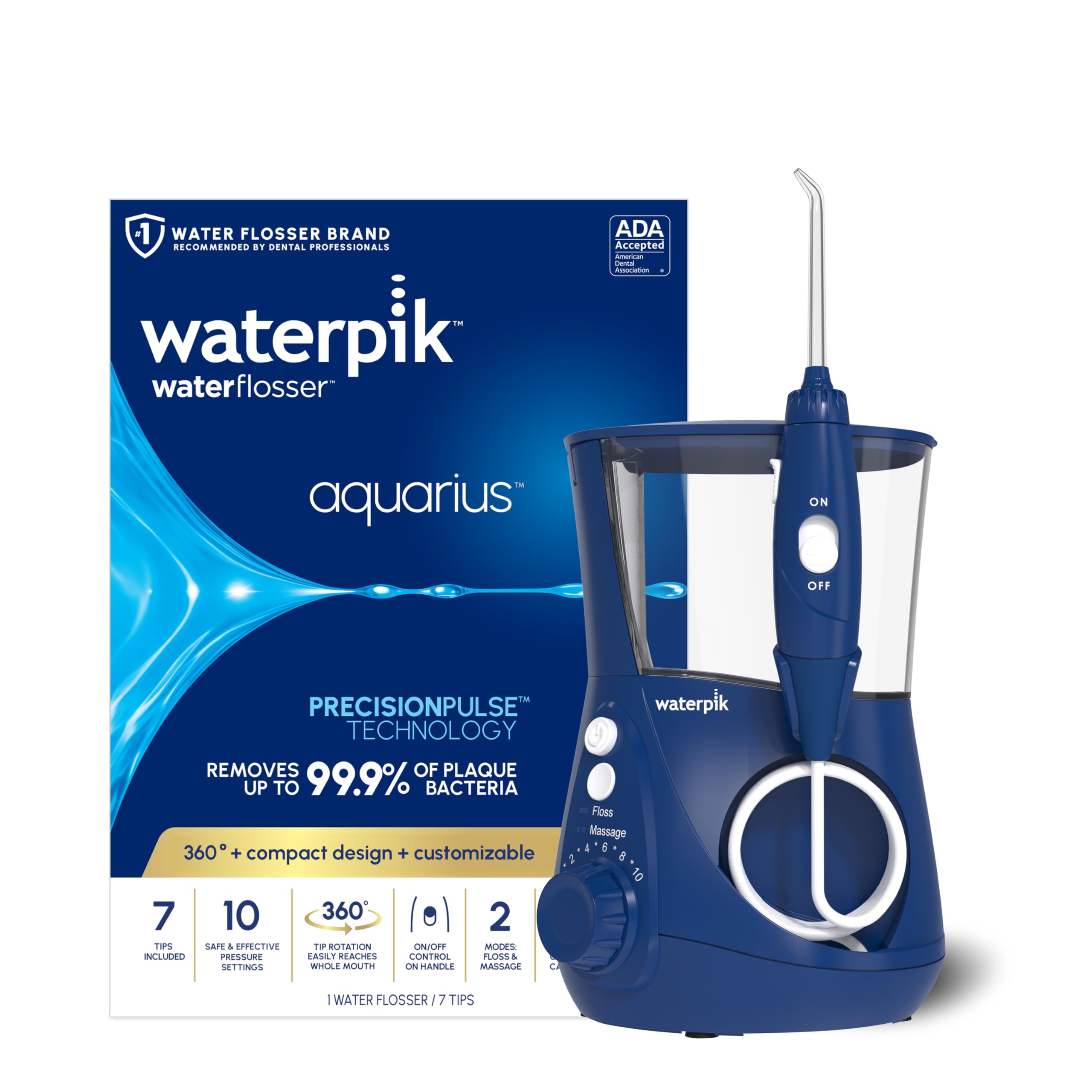 Waterpik frontal Aquarius azul mostrando diseño compacto y facilidad de uso