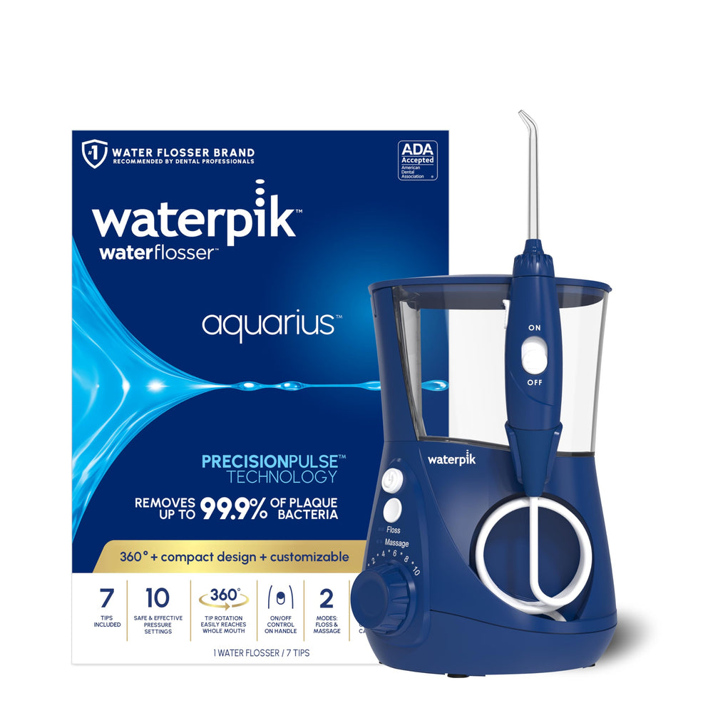 Waterpik frontal Aquarius azul mostrando diseño compacto y facilidad de uso