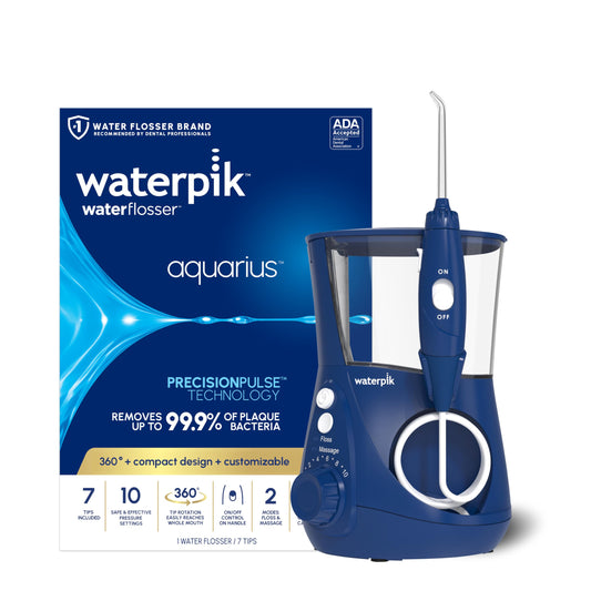 Waterpik frontal Aquarius azul mostrando diseño compacto y facilidad de uso