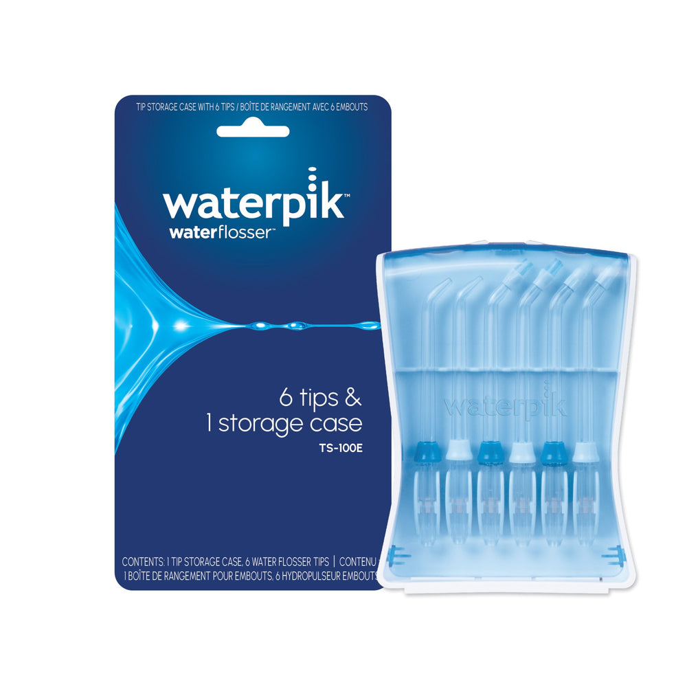 Waterpik frontal con estuche que facilita almacenamiento higiénico