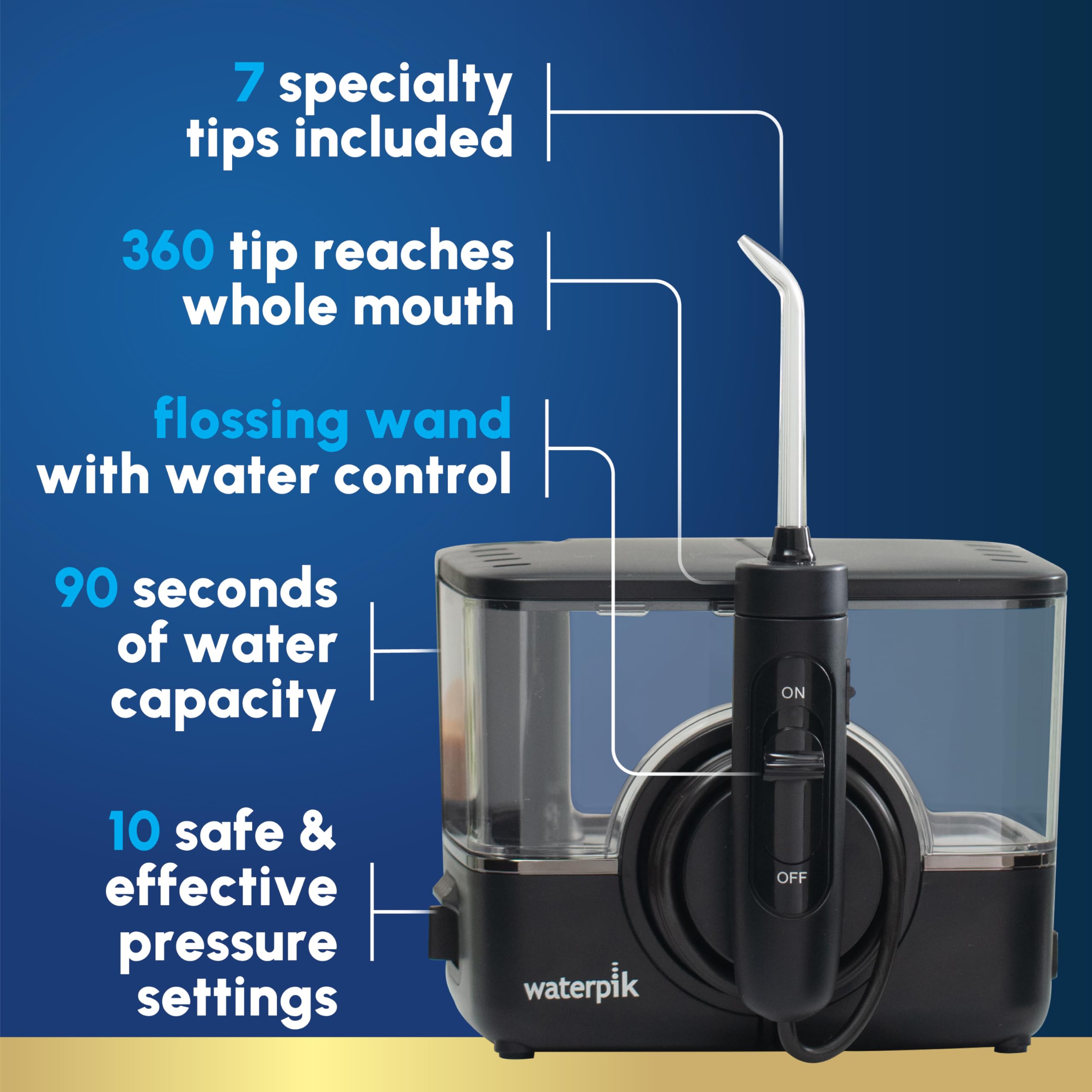 Detalle del mango Waterpik ION con interruptor agua para control cómodo y uso seguro
