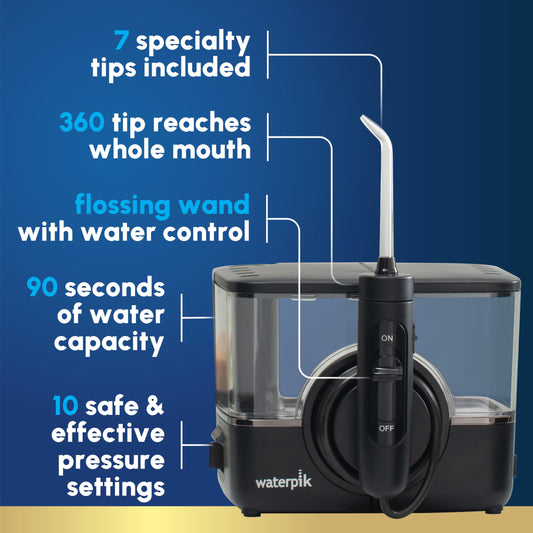 Detalle del mango Waterpik ION con interruptor agua para control cómodo y uso seguro