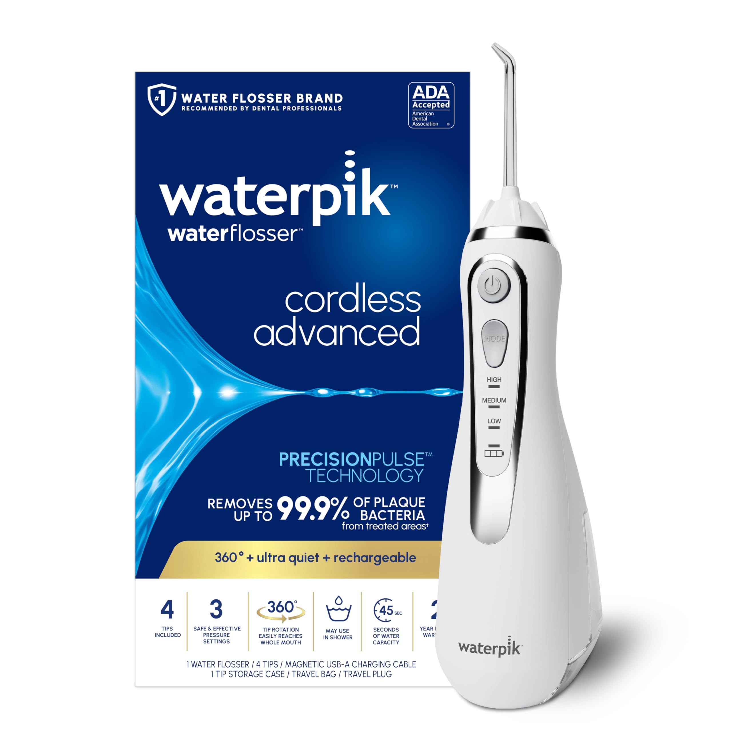 Waterpik irrigador frontal con empaque mostrando el diseño portátil y beneficios de viaje