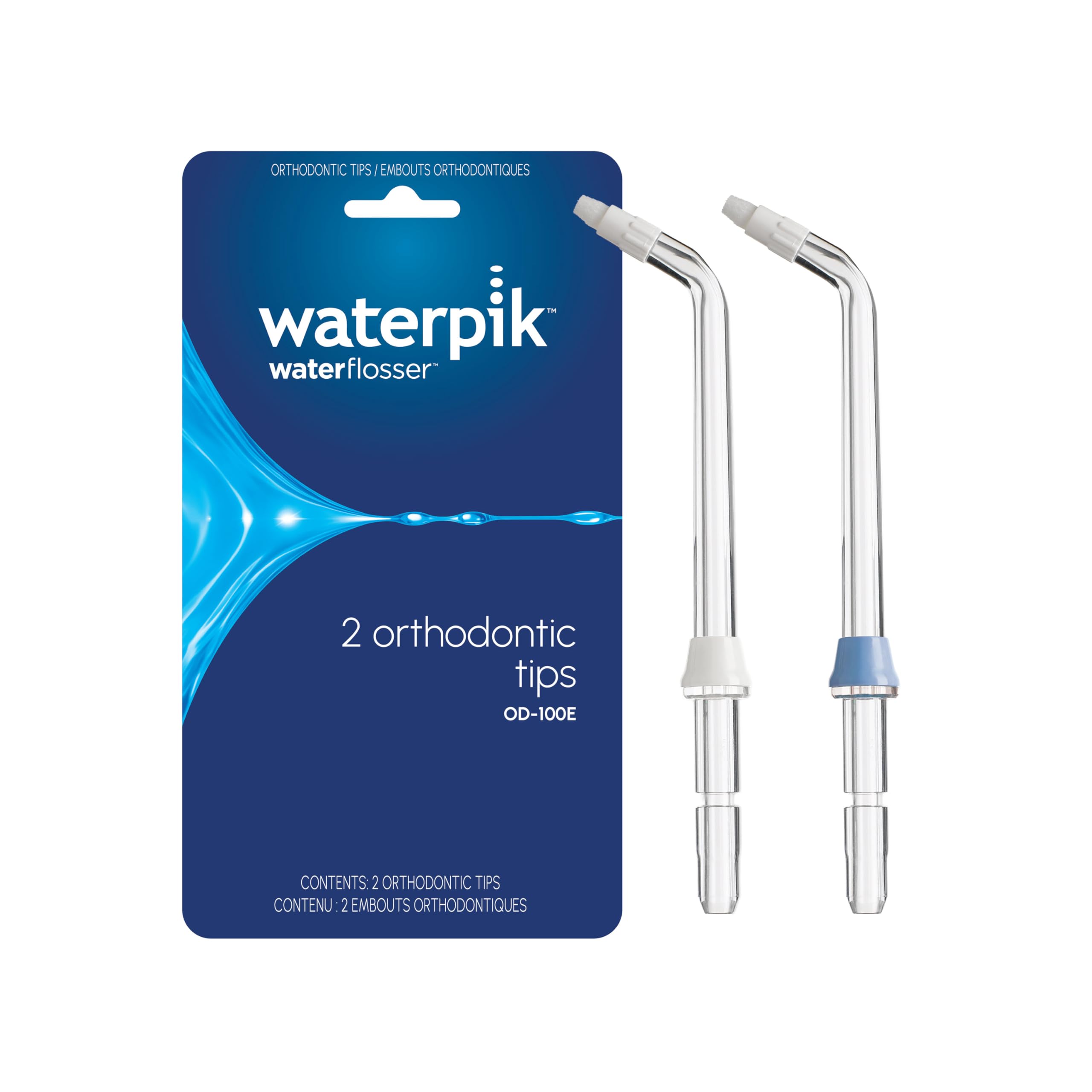 Waterpik empaque frontal mostrando dos puntas codificadas, limpieza precisa