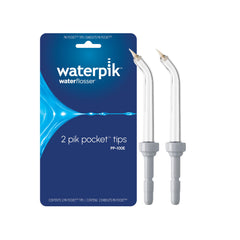 Waterpik Pik Pocket boquillas frontal mostrando diseño y colores, preciso y cómodo