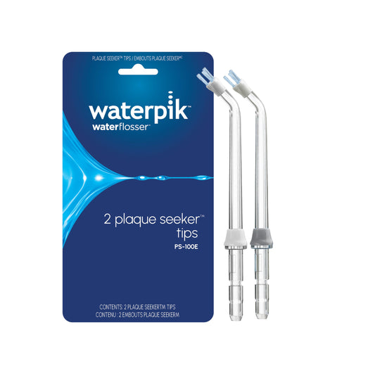 Waterpik Plaque Seeker empaque frontal mostrando dos puntas codificadas y beneficios de higiene