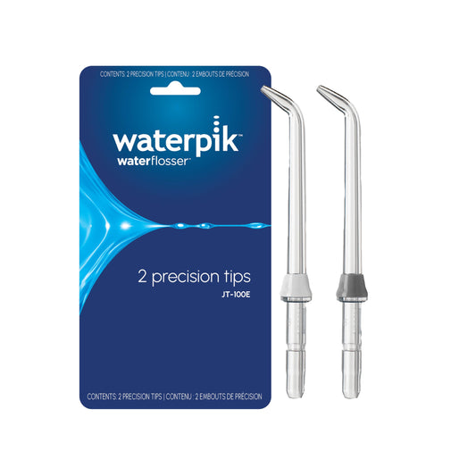 Waterpik punta Precision frontal paquete mostrando dos unidades y beneficio higiene interdental