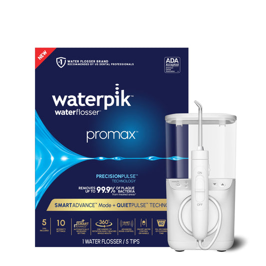 Waterpik Promax vista frontal mostrando diseño compacto y control fácil