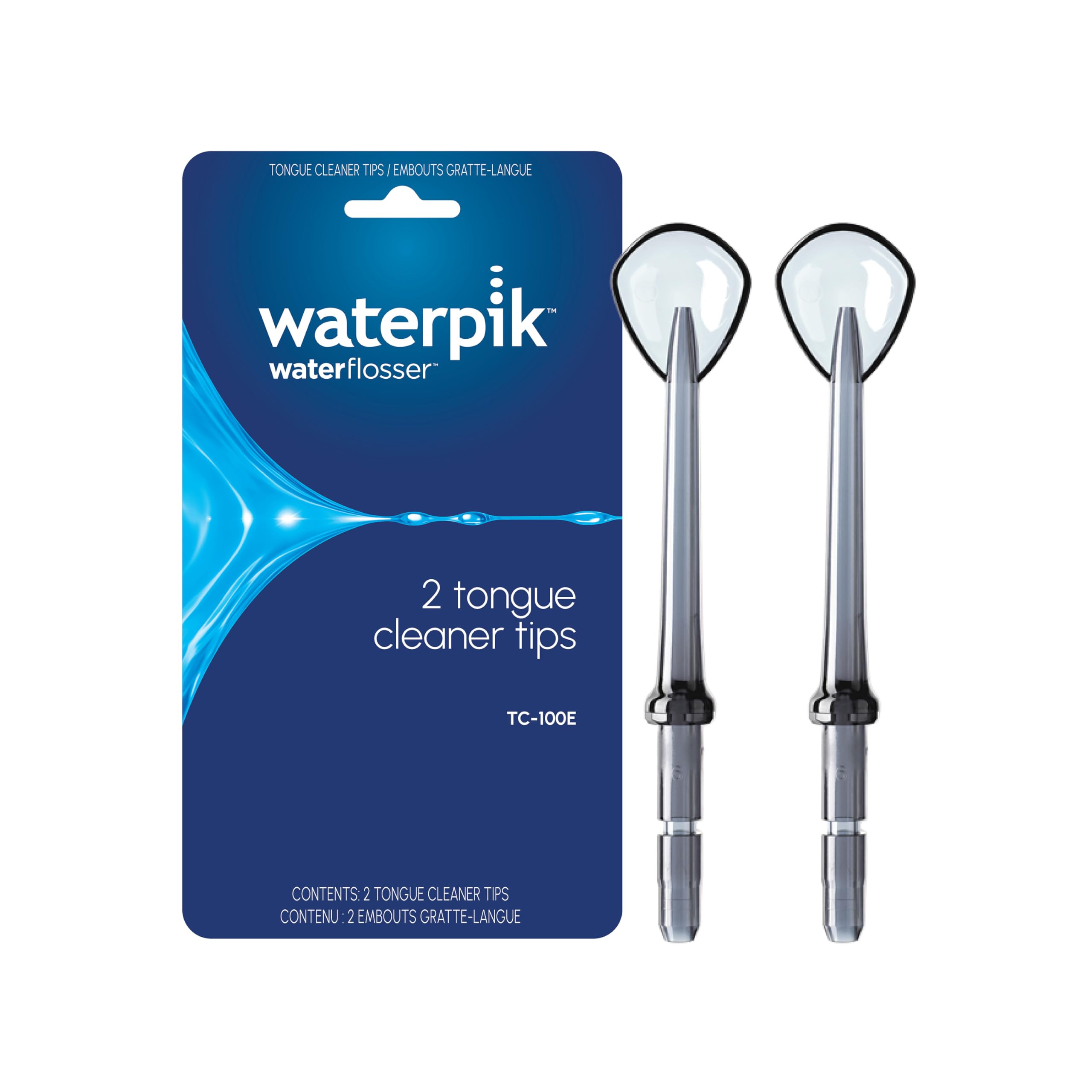 Waterpik punta limpiadora frontal mostrando forma cuchara y limpieza eficaz