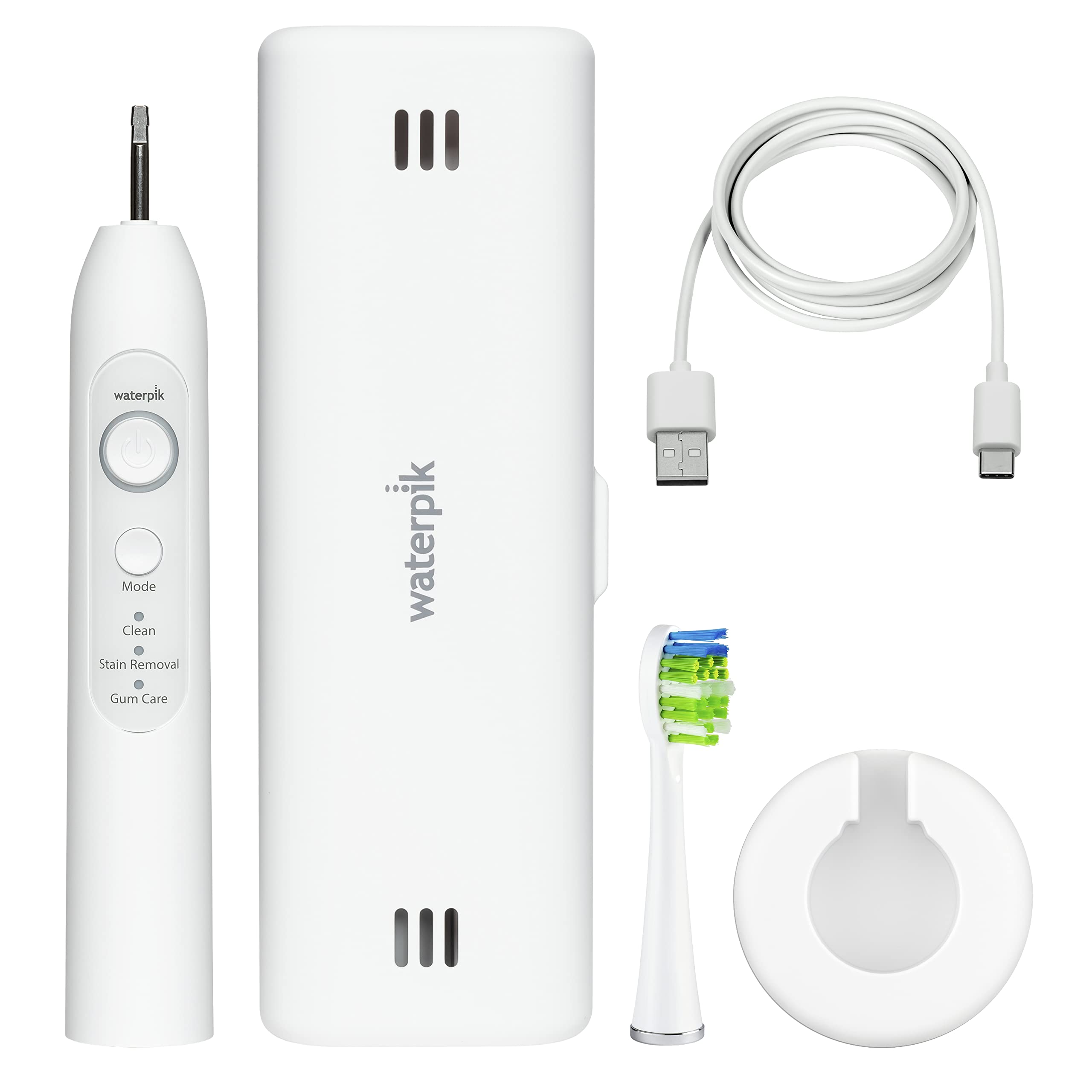 Waterpik Sensonic junto a cepillo manual para comparar tamaño y autonomía