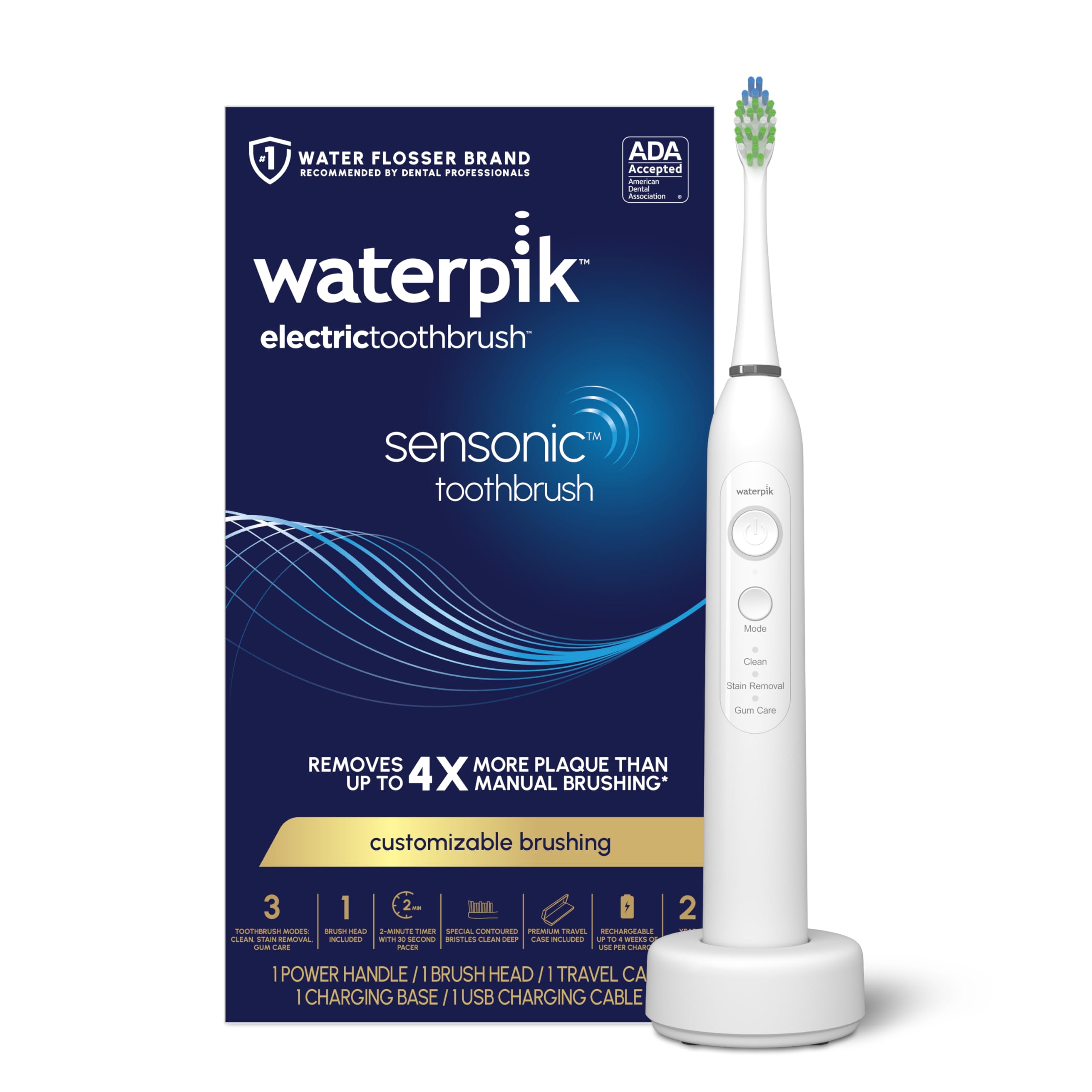 Waterpik Sensonic frontal mostrando diseño limpio y beneficio de limpieza profunda